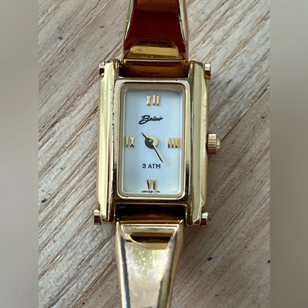 Belair Luxury Ladies Watch White Rectangular Dial Gold-Tone Bangle Bracelet